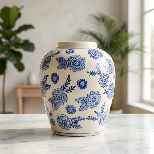 Blue and White Floral Vase – Ovoid Porcelain Ginger Jar with Scattered Cornflower and Leaf Motif - U39