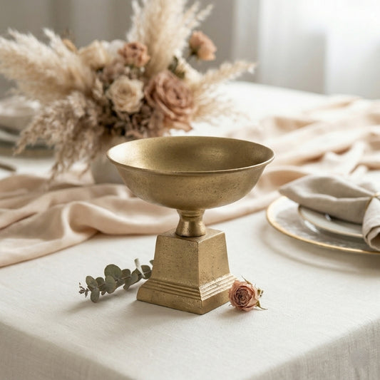 Vintage Brass Compote Bowl – Antique Style Pedestal Vase with Square Plinth Base - U03