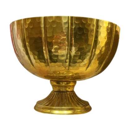 Hammered Brass Bowl – Large Pedestal Centerpiece with Ribbed Detail - U02