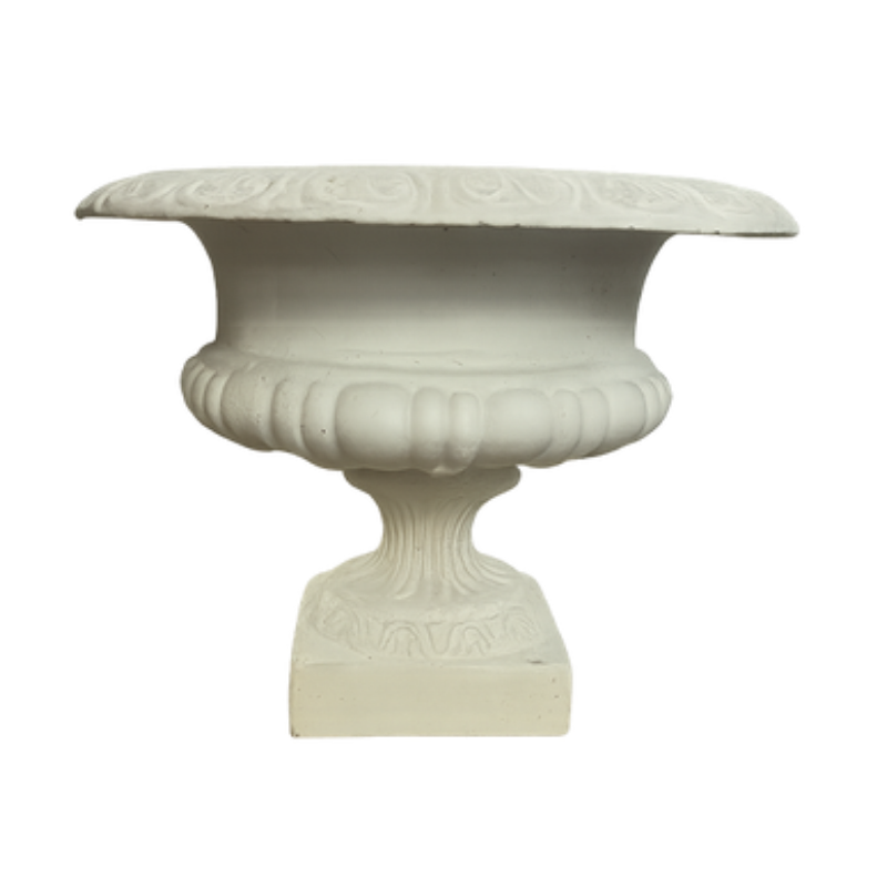 Large Stone Compote Vase – Wide Pedestal Urn with Scalloped Rim and Fluted Base - U27