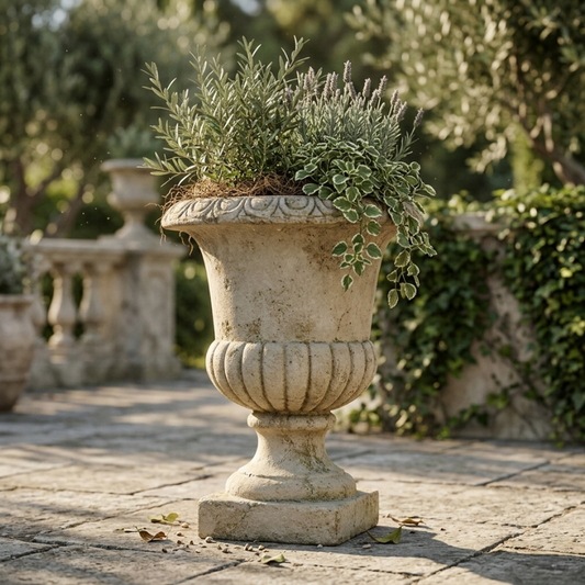 Classical Garden Stone Urn – Weathered Limestone Pedestal Planter with Scalloped Detail - U26