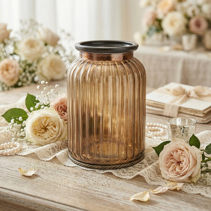 Amber Ribbed Glass Jar – Vintage Apothecary Style Ribbed Vase - BV08