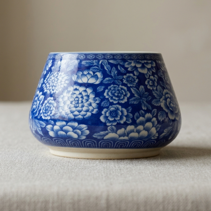 Blue Floral Planter Bowl – Tapered Porcelain Decorative Basin with Dense Cobalt Peony Print - U40