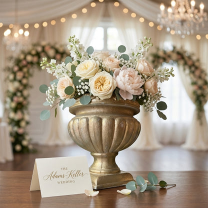 Gold Pedestal Urn – Ornate Fluted Centerpiece Vase with Classical Relief Detail - U04
