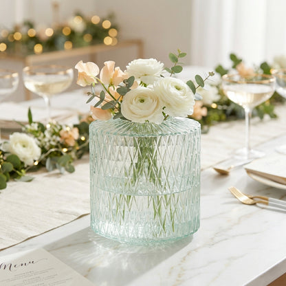 Green Geometric Glass Vase – Mint Diamond Textured Hurricane Vase - BV07