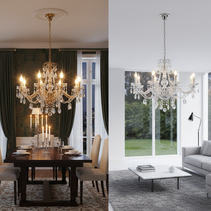 Luxury Crystal Candle Chandelier – Elegant 6-Light Pendant Ceiling Fixture (Gold & Chrome)