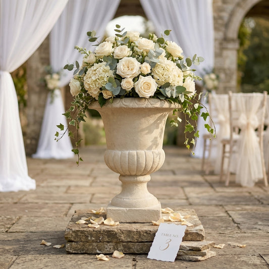 Classical Garden Stone Urn – Weathered Limestone Pedestal Planter with Scalloped Detail - U26