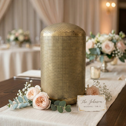 Etched Brass Capsule Vase – Modern Pill-Shaped Vessel with Geometric Cross-Hatch Detail - U05