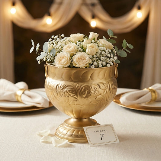 Embossed Brass Planter – Ornate Floral Pedestal Pot with Ring Handles - U06