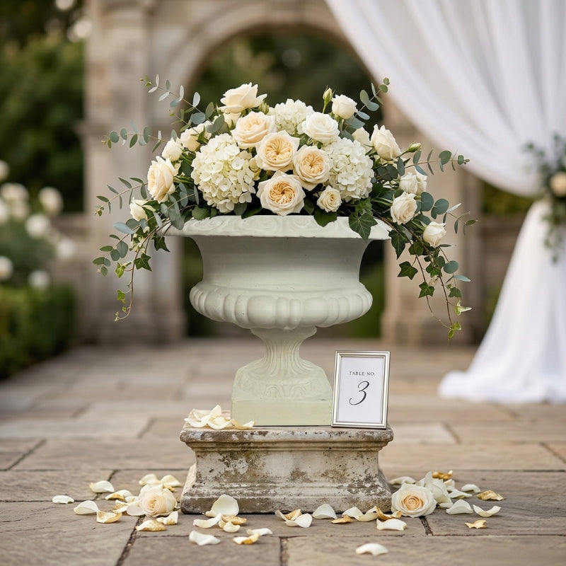 Large Stone Compote Vase – Wide Pedestal Urn with Scalloped Rim and Fluted Base - U27
