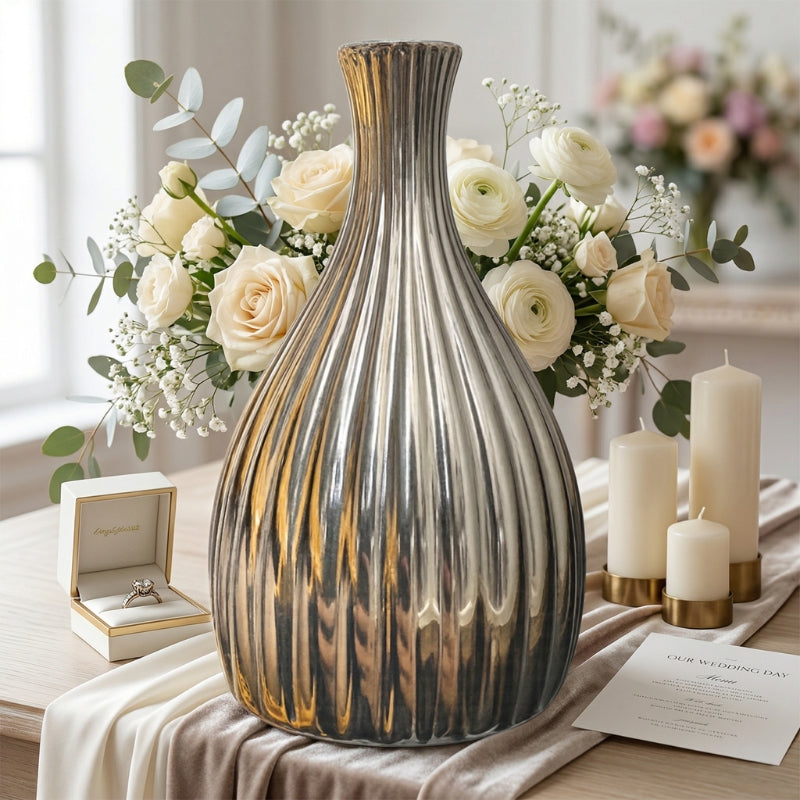 Metallic Smokey Grey Teardrop Vase – Ribbed Chrome Glass Bud Vase - BV12