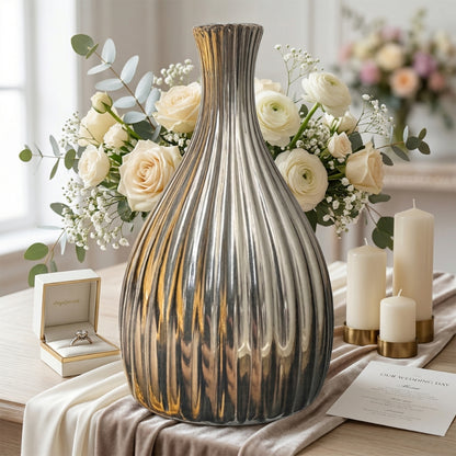 Metallic Smokey Grey Teardrop Vase – Ribbed Chrome Glass Bud Vase - BV12