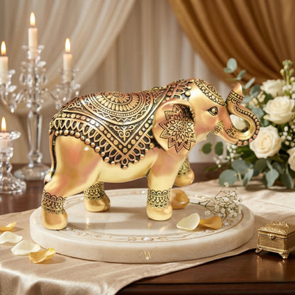 Gold Elephant Figurine with Intricate Mandala Detail - Royal Indian Trunk-Up Statue for Luck & Prosperity - T14