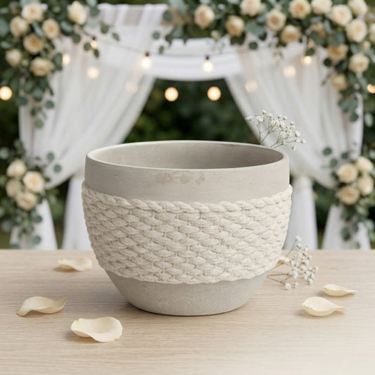 Rope Texture Planter – Coastal Ceramic Pot with Woven Cord Middle and Matte Sand Finish - U29
