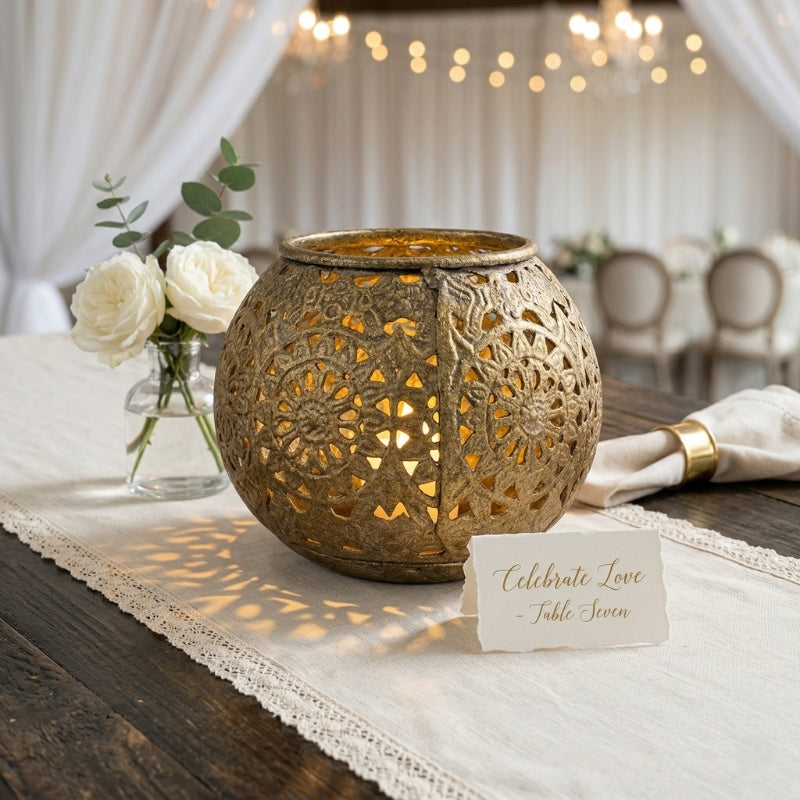 Filigree Brass Lantern – Hand-Carved Lattice Globe Vase with Antique Gold Patina - U08