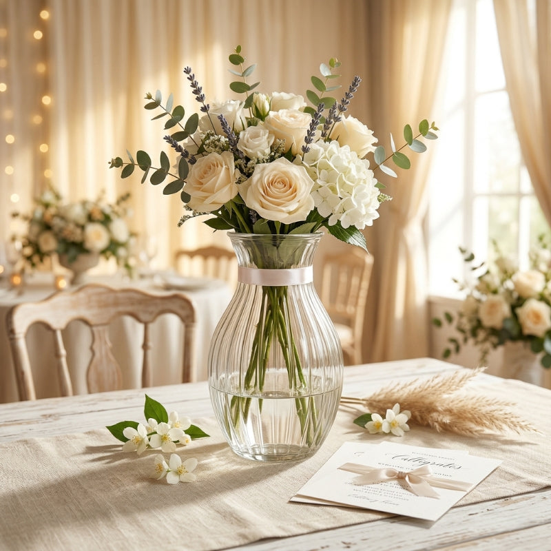 Elegant Fluted Glass Vase – Clear Curved Ribbed Floral Vessel - BV011