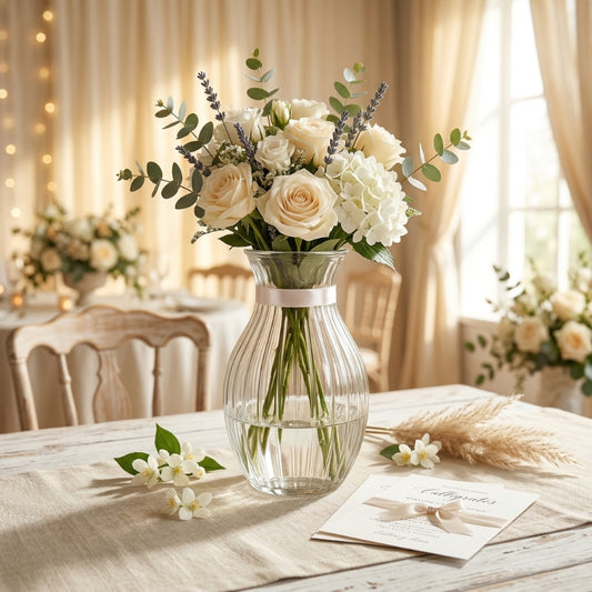 Elegant Fluted Glass Vase – Clear Curved Ribbed Floral Vessel - BV011