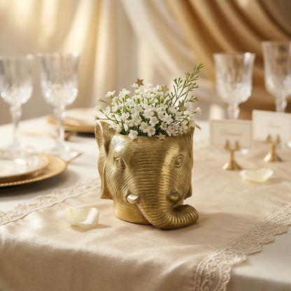 Brass Elephant Head Planter - Handcrafted Gold Pot for Succulents & Sacred Home Decor - T15