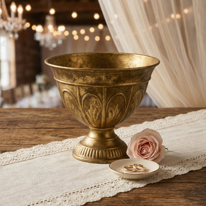 Antique Gold Acanthus Leaf Urn – Classical Pedestal Vase with Aged Brass Patina - U09