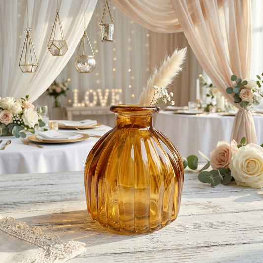 Honey Amber Ribbed Bud Vase – Vintage Style Fluted Glass Flower Vase -BV13