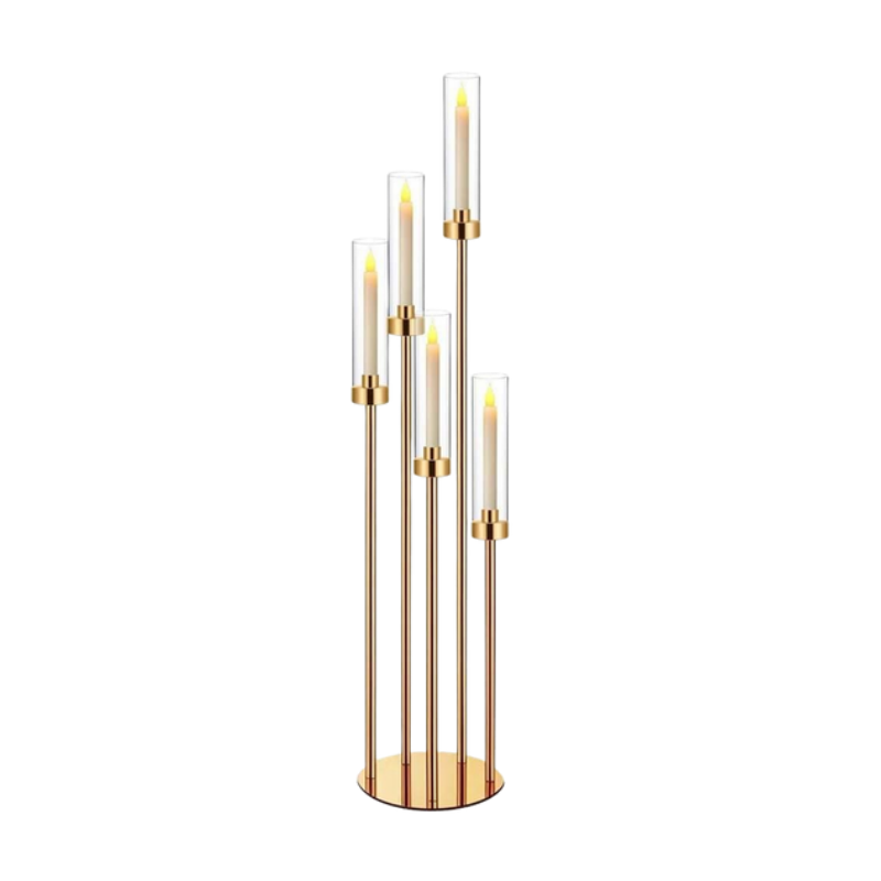 Gold 5-Arm Floor Candelabra with Hurricane Glass – Modern Standing Candle Holder