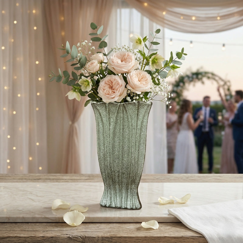 Hammered Silver Vase – Tall Fluted Metal Vessel with Antiqued Pewter Finish and Scalloped Rim - U31