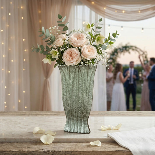 Hammered Silver Vase – Tall Fluted Metal Vessel with Antiqued Pewter Finish and Scalloped Rim - U31