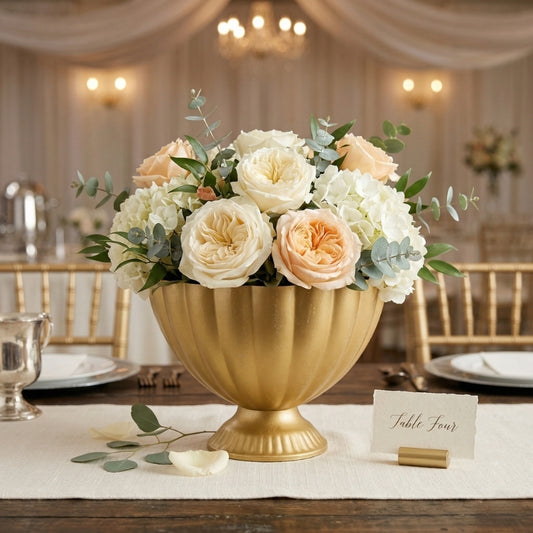 Scalloped Gold Bowl – Matte Brass Pedestal Centerpiece with Fluted Edges - U10