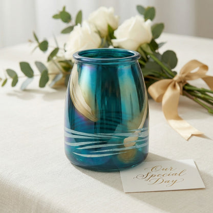 Peacock Blue Metallic Glass Vase – Teal Chrome Lustre Decorative Jar - BV14