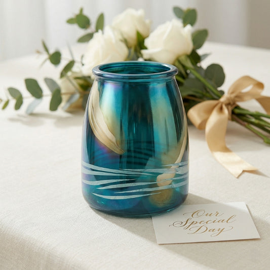 Peacock Blue Metallic Glass Vase – Teal Chrome Lustre Decorative Jar - BV14