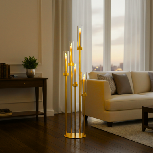 Gold 5-Arm Floor Candelabra with Hurricane Glass – Modern Standing Candle Holder
