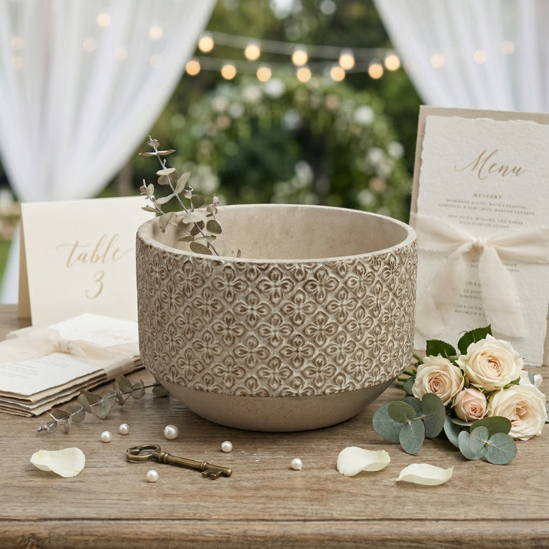 Patterned Stone Bowl – Embossed Floral Motif Ceramic Planter with Weathered Sand Finish - U33