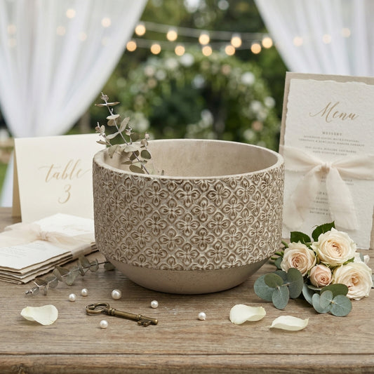 Patterned Stone Bowl – Embossed Floral Motif Ceramic Planter with Weathered Sand Finish - U33
