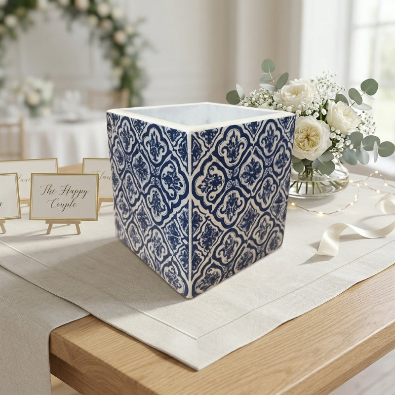 Indigo Tile Moroccan Planter – Cobalt Blue Patterned Ceramic Square Pot - CV02