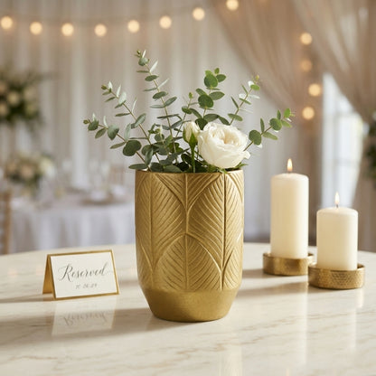 Feather Embossed Gold Vase – Modern Cylindrical Vessel with Botanical Relief Texture - U13