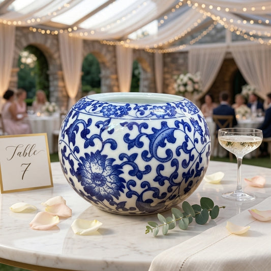 Blue and White Ginger Jar – Globose Porcelain Vase with Hand-Painted Cobalt Floral Vines - U34