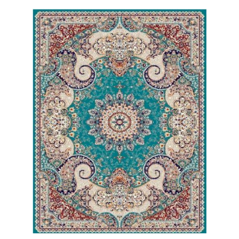 Ornate Persian Medallion Rug – Vibrant Teal & Gold Bohemian Oriental Carpet - CU03
