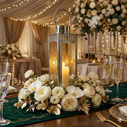 Large Silver Metal Lantern – Slim Modern Stainless Steel Hurricane Candle Holder - L03