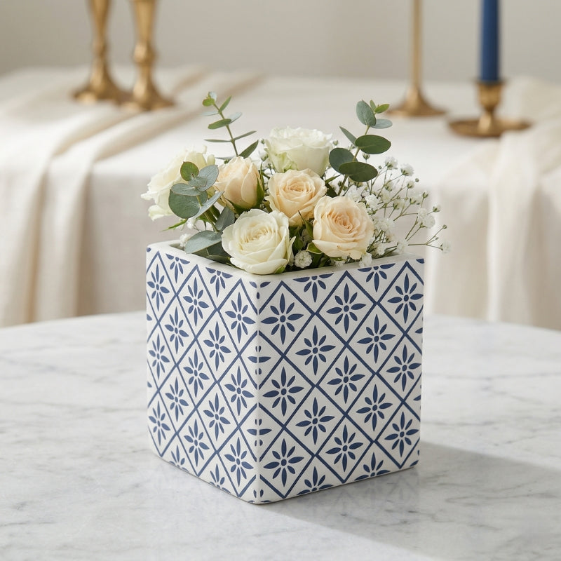 Indigo Star Moroccan Planter – Blue Geometric Patterned Ceramic Square Pot - CV03