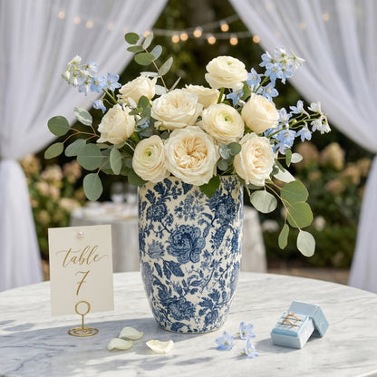Blue and White Porcelain Vase – Elegant Ovoid Ginger Jar with Cobalt Rose and Gold Accents - U36