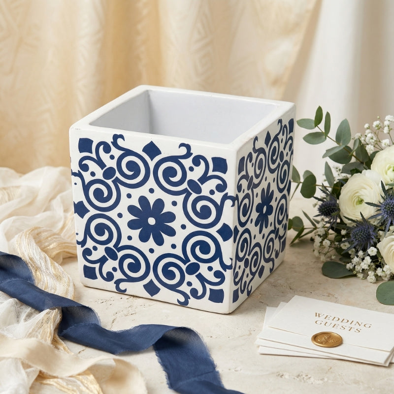 Indigo Scroll Moroccan Planter – Cobalt Blue Curlicue Patterned Ceramic Square Pot - CV04