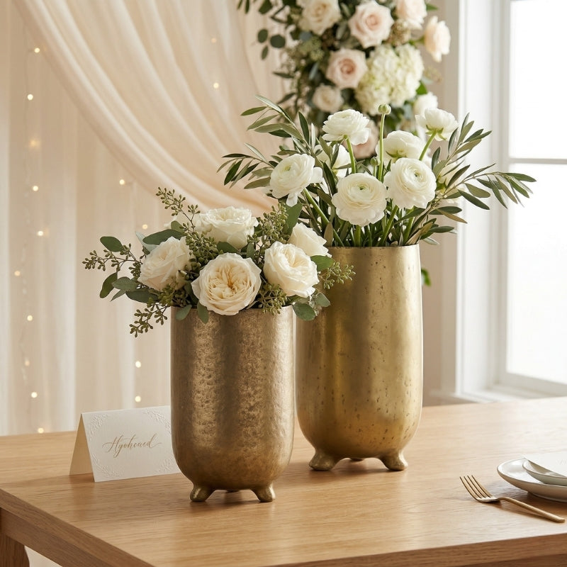 Hammered Footed Vase Set – Modern Gold Cylinder Vases with Tripod Base - U15