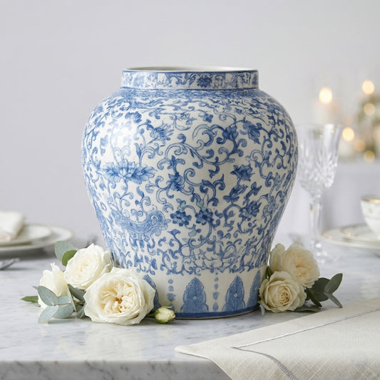 Large Blue and White Ginger Jar – Classical Porcelain Temple Jar with Intricate Vine Motif - U37
