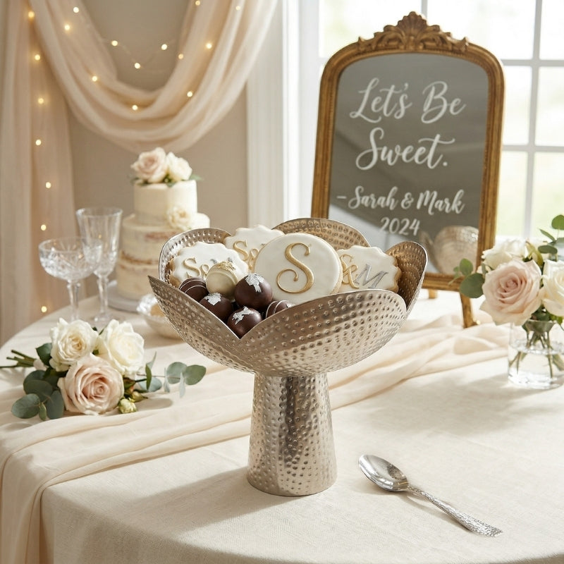 Hammered Lotus Bowl – Scalloped Petal Centerpiece with Tapered Pedestal Base - U16