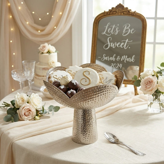 Hammered Lotus Bowl – Scalloped Petal Centerpiece with Tapered Pedestal Base - U16