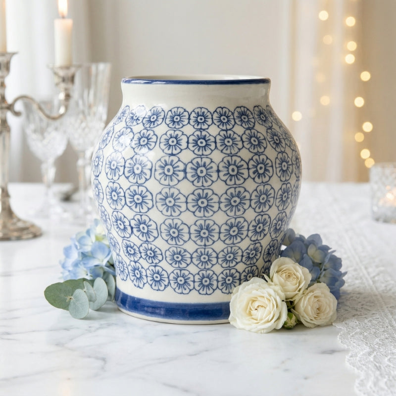 Small Floral Ginger Jar – Compact Porcelain Urn with Geometric Blue Daisy Print and Cobalt Trim - U38