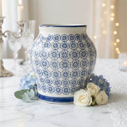 Small Floral Ginger Jar – Compact Porcelain Urn with Geometric Blue Daisy Print and Cobalt Trim - U38