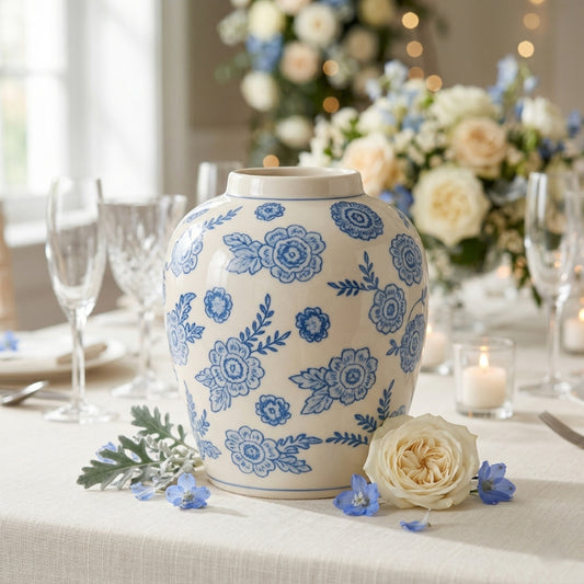 Blue and White Floral Vase – Ovoid Porcelain Ginger Jar with Scattered Cornflower and Leaf Motif - U39