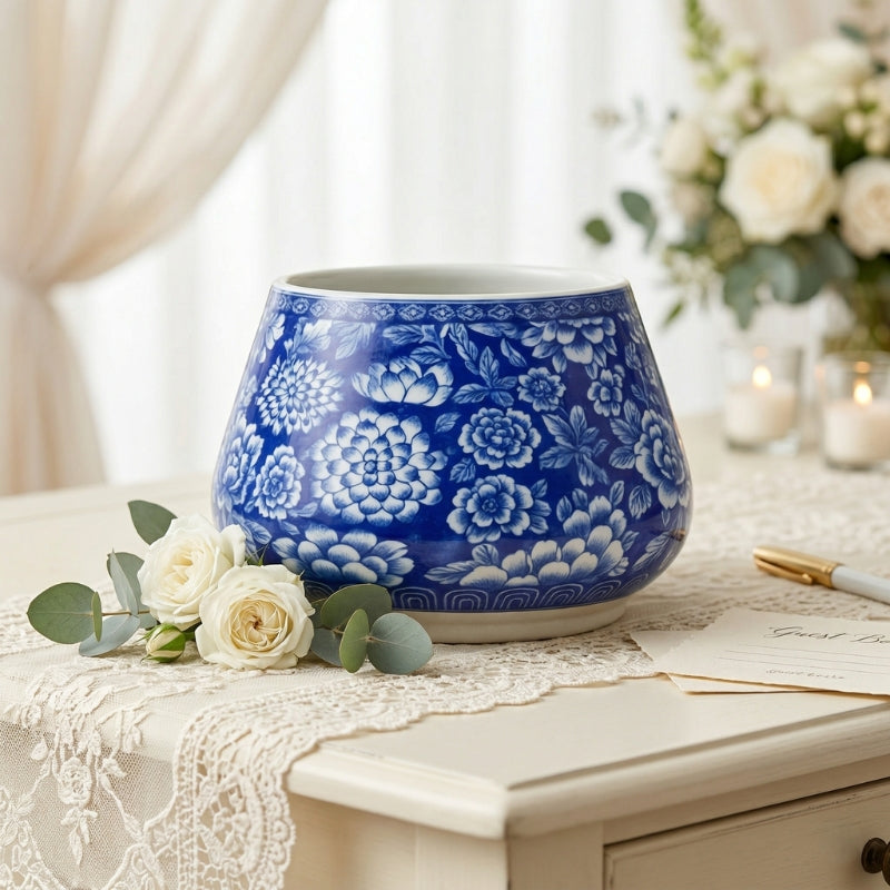 Blue Floral Planter Bowl – Tapered Porcelain Decorative Basin with Dense Cobalt Peony Print - U40
