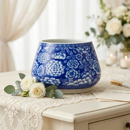 Blue Floral Planter Bowl – Tapered Porcelain Decorative Basin with Dense Cobalt Peony Print - U40